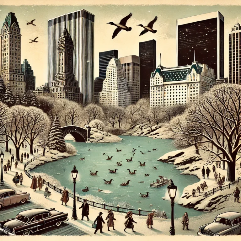 DALL·E 2024-08-13 17.40.32 - A detailed vintage-style illustration of Central Park in the 1950s, with a frozen lake as the central focus