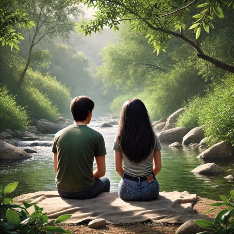 DALL·E 2024-08-18 13.17.59 - A realistic depiction of Amir and Hagit sitting together by a peaceful stream in Israel, viewed from behind